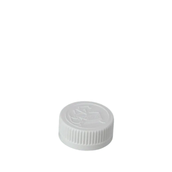 The image features the MRP Solutions PP Threaded Closure 33-400 (CR033). The closure is depicted in white and has a smooth, flat top surface. The threading is visible on the inside of the closure, designed to securely fit onto corresponding containers. The closure has a cylindrical shape with a consistent diameter throughout its height. The image showcases the closure from an angled top-down perspective, highlighting both the exterior and a glimpse of the interior threading.