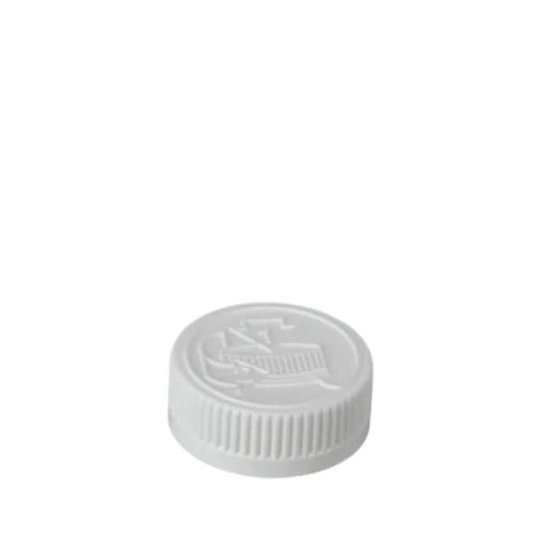 The image shows a MRP Solutions PP Threaded Closure 38-400 CR038. It is a white, circular, plastic screw cap designed for sealing containers. The cap features textured ridges along the sides to provide a better grip for opening and closing. The top surface of the cap is smooth and flat.