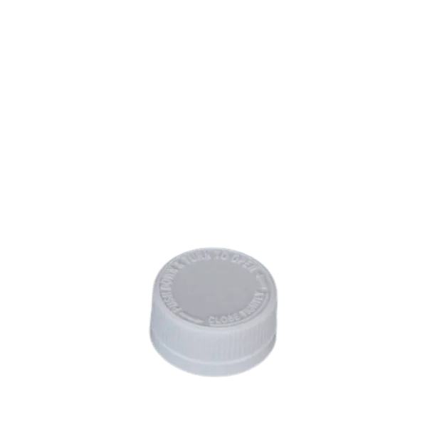 The image shows the MRP Solutions PP Threaded Closure 28-400 KR028. It is a plastic cap designed for containers with a 28-400 neck finish. The cap is white and has a smooth, flat top with ribbed sides for easy gripping and twisting. The threading on the inside of the cap is visible, indicating how it will securely attach to a compatible container.