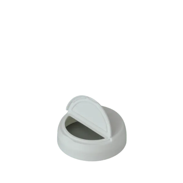 The image shows the MRP Solutions PP Flip Top Cap 63-400. The cap is circular with a smooth, glossy surface and features a flip-top mechanism. The top of the cap has a small, hinged lid that can be lifted to open and pressed down to close, ensuring a secure seal. The cap is designed to fit containers with a 63-400 neck finish. The overall design is clean and functional, with no additional markings or textures visible.