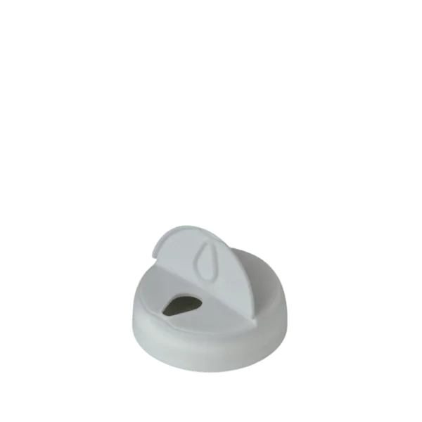 The image shows an MRP Solutions PP Flip Top Cap, 63-400. The cap is cylindrical with a smooth finish and a flip-top lid, which is slightly raised in the closed position. The color of the cap is white, and it has a threaded base designed to fit onto a container with a 63-400 neck finish. The flip-top feature allows for easy dispensing of the product inside the container.