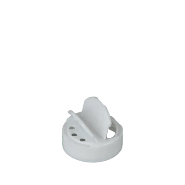 The image shows the MRP Solutions PP Flip Top Cap 53-485. The cap is circular with a diameter that fits a 53-485 thread. It features a smooth, flat top surface with a hinged flip-top mechanism. The cap is primarily white and appears to be made of plastic. The hinge is located on one side, allowing the top to open and close securely.
