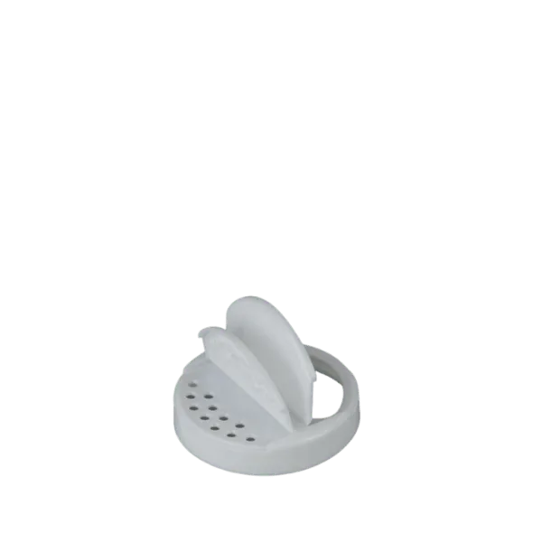The image shows the MRP Solutions PP Flip Top Cap 63-400. It is a round plastic cap with a flip-top lid design, predominantly white in color. The cap features a smooth surface and a hinge that allows the top to open and close easily. The dimensions of the cap suggest it is designed to fit containers with a 63-400 neck finish.