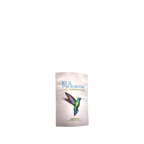 The image displays the ELK Packaging 3.0oz Paper Standup Pouch. The pouch is primarily white with a clean, minimalist design. It features a resealable zipper at the top and a gusseted bottom that allows it to stand upright. There are no visible labels or branding on the pouch itself, highlighting its simplicity and versatility for various uses.