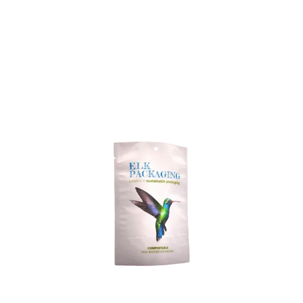 The image shows the Elk Packaging 4.0oz Paper Standup Pouch (Compostable). The pouch is made from natural-colored paper and is designed to stand upright on its own. It features a resealable zipper at the top for easy opening and closing. The front of the pouch is plain, without any branding or labeling, highlighting the simplicity and functionality of the packaging. The bottom of the pouch is gusseted, allowing it to expand and hold the contents securely.