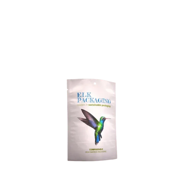 The image displays the Elk Packaging 6.0oz Paper Standup Pouch. The pouch is brown and made from a paper material. It features a resealable zipper closure at the top and a gusseted bottom that allows it to stand upright. The front of the pouch is plain, without any visible branding or labels.