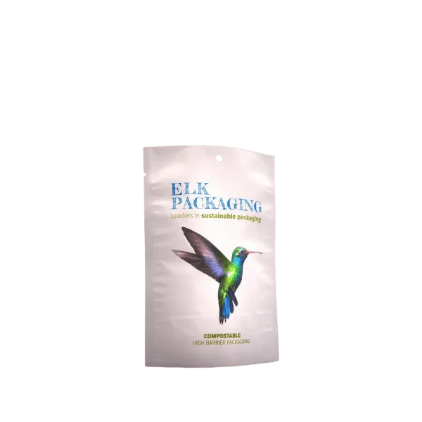 The image shows the Elk Packaging 10.0oz Paper Standup Pouch. The pouch is tan and features a matte finish. It has a flat base, allowing it to stand upright, and a resealable zipper at the top for easy opening and closing. The front of the pouch is plain, without any branding or labels, providing a clean and simple appearance.