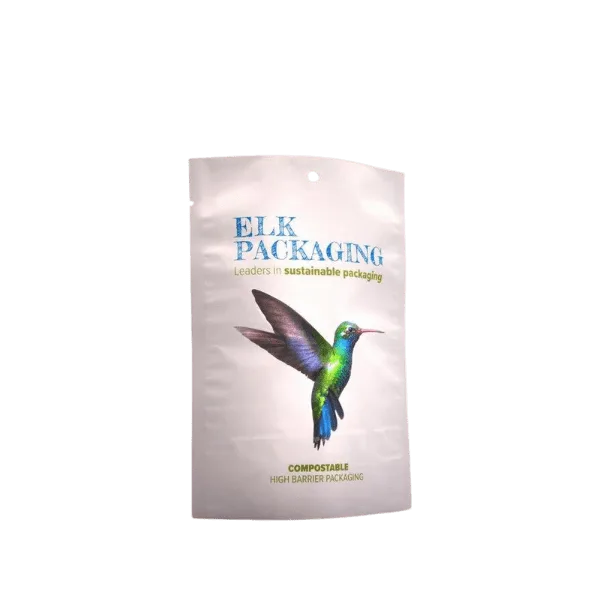The image shows the Elk Packaging 16.0oz Paper Standup Pouch. The pouch is standing upright and is made of a brown paper material. The front of the pouch is plain, with no visible logos or text, highlighting its simple and clean design. The top of the pouch features a resealable zipper closure, and the bottom is gusseted, allowing the pouch to stand up on its own. The overall design is minimalistic and functional, suitable for packaging various dry goods.