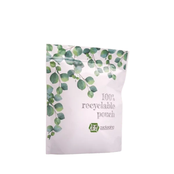 The image shows the Elk Packaging 20.0oz Paper Standup Pouch Recyclable. It is a brown, kraft paper stand-up pouch with a resealable zip closure at the top. The front surface of the pouch is plain with no visible branding or labels, highlighting its natural paper texture. The pouch is designed to stand upright on its own, providing a clear view of its shape and structure.