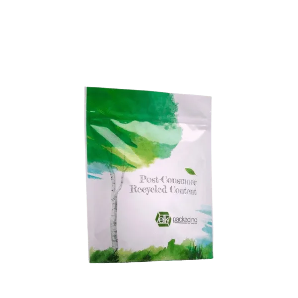 The image shows a standup pouch from Elk Packaging. The pouch has a clean white background with a slight gloss finish. It features a resealable zipper at the top and is designed to hold 12.0 ounces of content. The bottom of the pouch is gusseted to allow it to stand upright when filled. The overall design is minimalistic, without any visible branding or labels, making it versatile for various types of products.