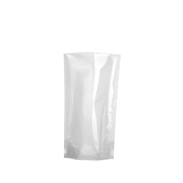 The image features the ELK Packaging 14.0oz PE Standup Pouch. This standup pouch is displayed upright and empty, showcasing its ability to stand on its own. The pouch is primarily white with a clear, semi-transparent front panel that allows for a view of the contents inside when filled. The top of the pouch is sealed, with a resealable zip-lock closure to maintain freshness. The bottom of the pouch has a gusset, enabling it to expand and stand upright. The overall design is simple and functional, focusing on the utility and visibility of the packaged product.