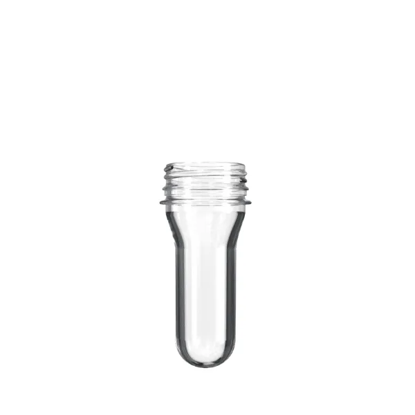 The image shows a Resilux PET Bottle Preform, weighing 34.2 grams with a 38mm Bericap HF neck finish. The preform is transparent and cylindrical, with a threaded neck designed to accommodate a screw cap. The body is slightly tapered, leading up to a wider, ribbed section near the top where threading is present for the cap attachment. The material appears smooth and clear, highlighting the uniformity and precision of the preform's shape and structure.