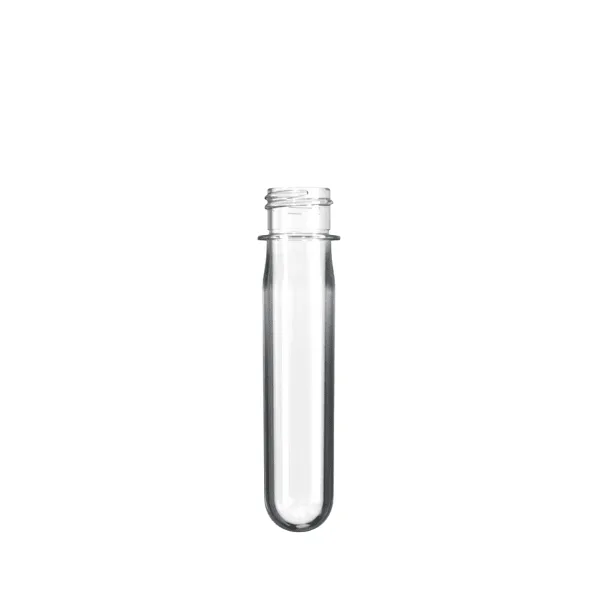 The image features the Resilux PET Bottle Preform 48.1gr DET 28/410. The preform is a clear, slightly tapered cylindrical object with a defined neck and threaded top, designed to be blown into a PET bottle. The material is transparent, allowing a clear view of its smooth surface and precise shape. The neck section has visible threading for easy attachment of a cap.