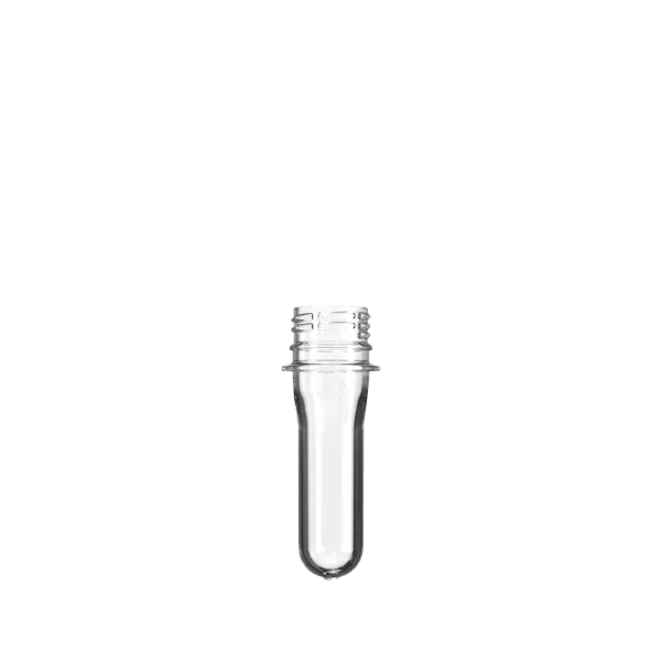 The image shows the Resilux PET Bottle Preform 23.5gr PCO. It is a transparent, cylindrical plastic component with a uniform and smooth surface. The preform has a threaded neck at one end, which is designed for sealing with a bottle cap. The body of the preform tapers slightly towards the closed end, which is rounded and smooth. The overall appearance is clear and glossy, indicating its purpose as a precursor to being blown into a full-sized PET bottle.