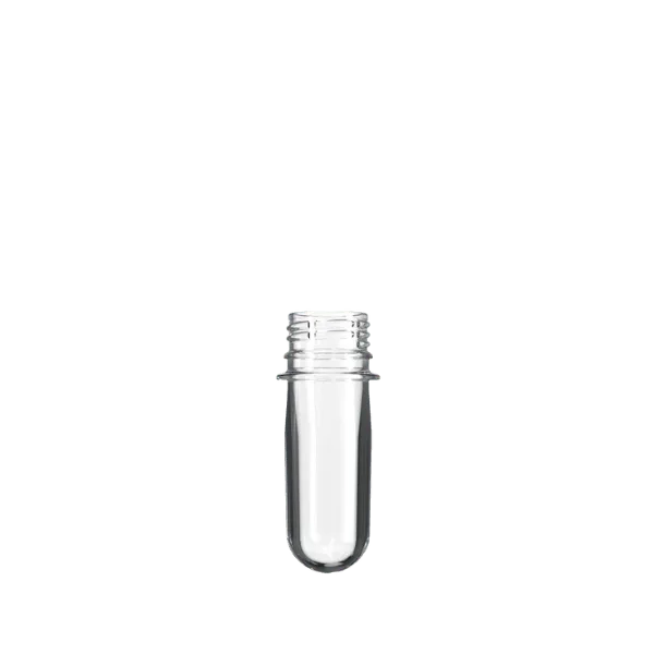 The image shows a clear, transparent PET bottle preform designed by Resilux. The preform has a cylindrical shape with a threaded neck suitable for a 28 PCO (Plastic Closure Only) cap. It appears to be made of smooth, glossy plastic material and weighs 43.5 grams.