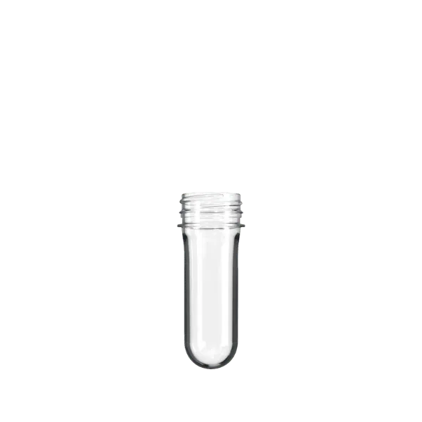 The image shows a Resilux PET Bottle Preform 37.0gr Portola GLA. The preform is a transparent, cylindrical object with a smooth surface, designed to be blow-molded into a bottle. The top part of the preform features threading for a cap, while the bottom is rounded. The material appears clear and glossy, highlighting the preform's pristine condition and precise manufacturing.