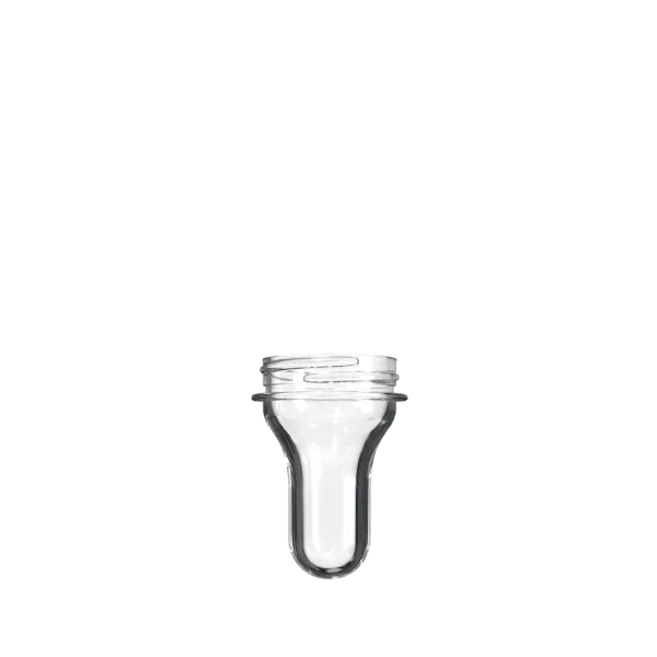 The image shows a transparent, cylindrical PET bottle preform with a blue tint. The preform has a wide mouth and threading near the top, designed to fit a 38mm Bericap 38/33 cap. The product appears to be made from a single piece of material, smoothly transitioning from the body to the neck. The product name is "Resilux PET Bottle Preform 38 gr 38mm 3-start Bericap 38/33."