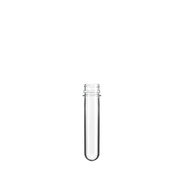 The image shows a transparent, blue-tinted PET bottle preform with a smooth, cylindrical body and a threaded neck. The preform is designed to be blow-molded into a bottle. The neck of the preform features a ratchet and threads, indicative of a screw-on cap design. The product is the "Resilux PET Bottle Preform 40gr DET 28/400 Ratchet."