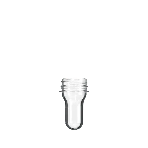The image displays a Resilux PET Bottle Preform 25 gr 38mm VAJ. It is a clear, cylindrical preform with a smooth surface and a threaded neck at the top, designed to be blown into a bottle. The preform is transparent, allowing visibility through its length, and it has a uniform thickness throughout its structure.