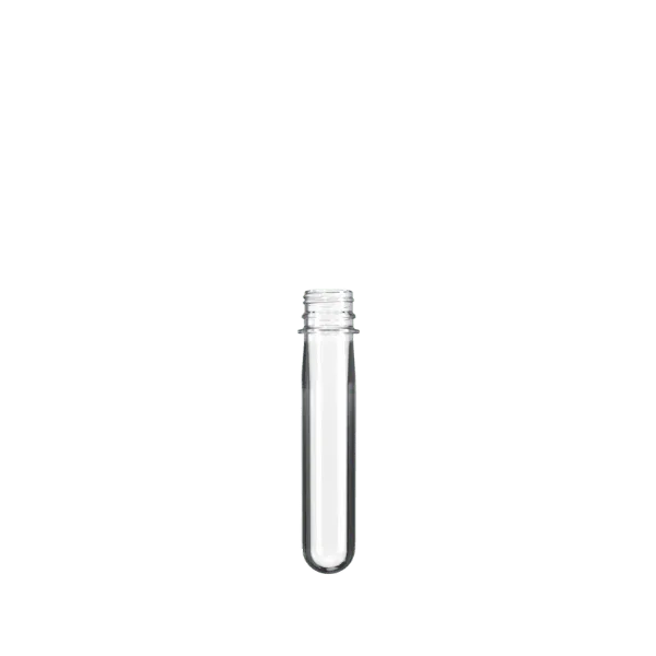 The image shows a Resilux PET Bottle Preform 57.7gr 28 mm Kerr. The preform is clear and cylindrical with a threaded neck, designed to be molded into a PET bottle. It has a smooth surface and a uniform shape, indicating precision in manufacturing. The preform is displayed against a plain white background, highlighting its transparency and details.