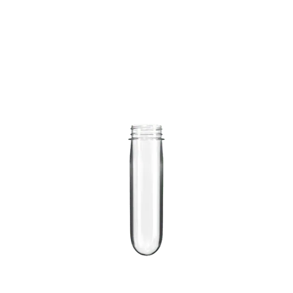 The image displays the Resilux PET Bottle Preform 75gr 42mm Oil. The preform is cylindrical, transparent, and made from PET plastic. It appears to have a uniform, smooth surface with a threaded neck at the top, which is designed for attaching a cap. The color is clear, indicating that the material is uncolored or lightly tinted. The preform is intended for blow molding into a larger bottle shape. The background of the image is plain white, which helps to highlight the details of the preform. 