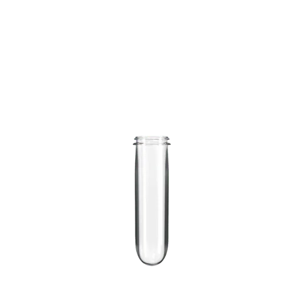The image features the Resilux PET Bottle Preform 86 gr 42mm Oil. The preform is a transparent, cylindrical plastic object with a thick base and a narrow, threaded neck. The overall appearance is sleek and smooth, showcasing the clarity and quality of the PET material.