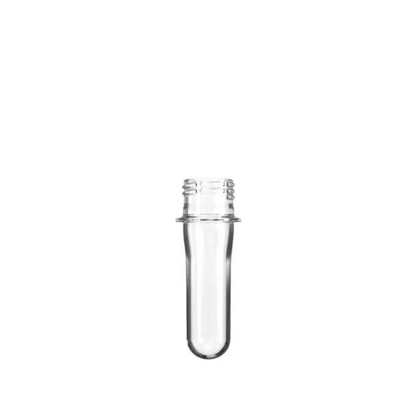 The image shows a clear, cylindrical plastic object known as the Resilux PET Bottle Preform 17.2gm PCO. The preform tapers slightly towards the top and has a threaded neck designed for attaching a bottle cap. It appears transparent and smooth, with a consistent thickness throughout its body. The preform is positioned against a plain white background, allowing for a clear view of its shape and features.