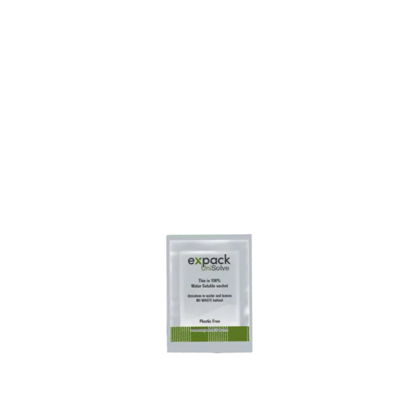 The image shows the Expack 0.3oz PET Standup Pouch Unisolve 8ml. The pouch is semi-transparent with a smooth, glossy surface. It has a standup design with a flat bottom, allowing it to remain upright. The top of the pouch features a tear notch for easy opening. The overall appearance is sleek and minimalistic, suitable for packaging small quantities of liquids or gels.