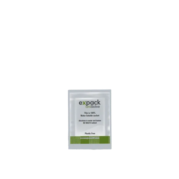 The image shows the EXpack 1.0oz PET Standup Pouch Unisolve (30ml). This is a small, clear plastic pouch designed to stand upright. The pouch has a resealable zipper at the top and is made from a transparent material, allowing the contents to be visible. The design is simple and functional, suitable for holding a variety of liquid or gel products.
