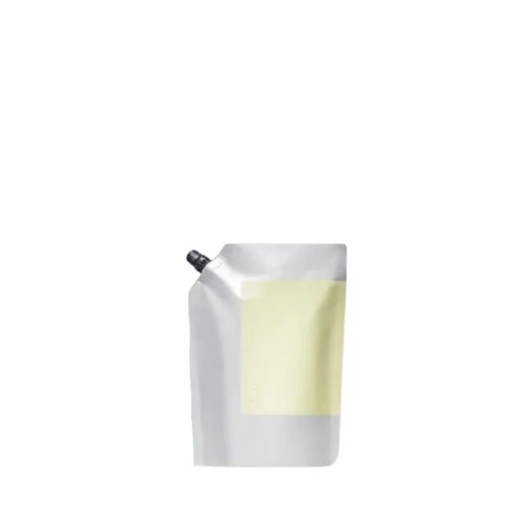 The image shows the Identipak 2.0oz PE Pouch Spouted Refill Pouch (60ml). The pouch is a small, flexible container made of polyethylene, designed for holding liquids. It features a spout at the top for easy pouring and resealing. The pouch is primarily white with a transparent section that likely allows the user to see the contents inside. The overall design is simple and functional, aimed at convenient storage and use of liquid products.