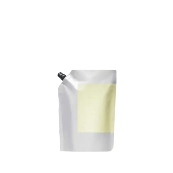 The image shows a 6.8oz PE Spouted Refill Pouch by Identipak. The pouch is primarily white with a spout on the top left corner for easy dispensing. It features a clean and minimalist design suitable for various liquid products. The pouch is standing upright, showcasing its flexible and sturdy material, with a smooth surface that can be easily labeled or printed on for branding purposes.