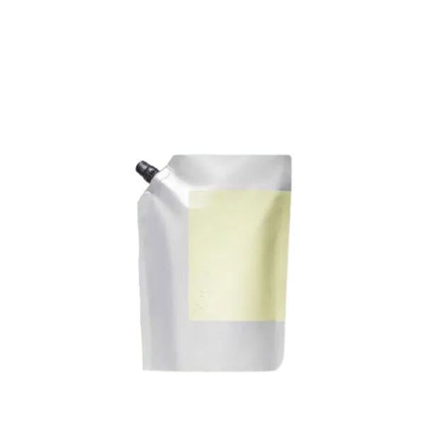 The image features the Identipak 10.1oz PE Pouch Spouted Refill Pouch (300ml). This product is a flexible, rectangular pouch with a spout at the top, designed for easy pouring and refilling. The pouch is white with a clear section, allowing visibility of the contents inside. It has a screw cap on the top right corner for secure sealing.