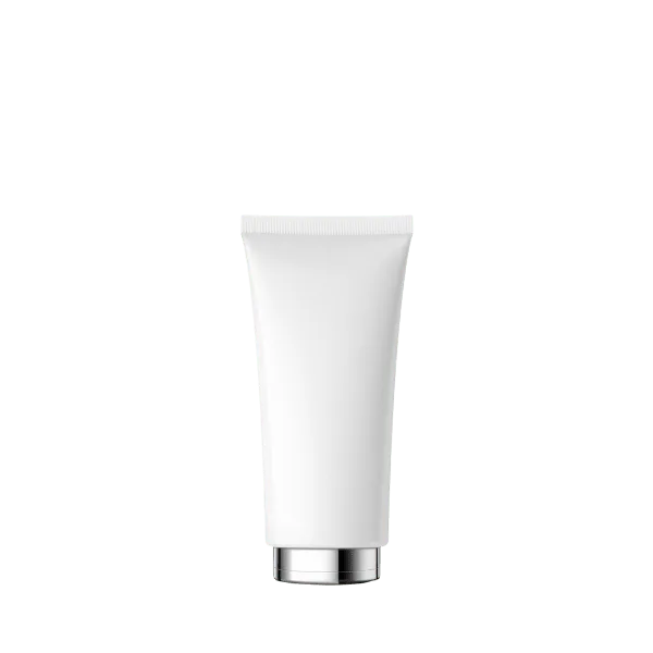 The image shows a Burhani Packaging Solutions 2.7oz PE Tube ABL Round, 80 mL. The tube is cylindrical and has a sleek, smooth white body with a metallic silver cap. The design is minimalistic, without any visible labels, text, or brand logos on the tube itself. The cap is a twist-off style, with a shiny finish that contrasts with the matte appearance of the tube.