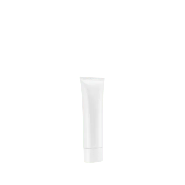 The image shows the Burhani Packaging Solutions 2.3oz PE Tube ABL Oval. This is an oval-shaped, squeezable tube with a white body and a metallic-looking cap. The tube appears to be made of a flexible material, and it is designed for containing and dispensing products such as creams, lotions, or gels. The cap is smooth and shiny, giving it a sleek and polished appearance.