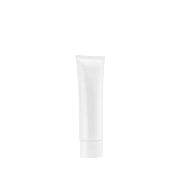 The image features a Burhani Packaging Solutions 2.2oz PE Tube PBL Oval, which is a 65 ml oval-shaped plastic tube. The tube is white with a smooth surface, and it has a white screw-on cap at the top. There are no labels or designs visible on the tube, providing a clean and simple appearance. The overall look is sleek and functional, suitable for various packaging needs.
