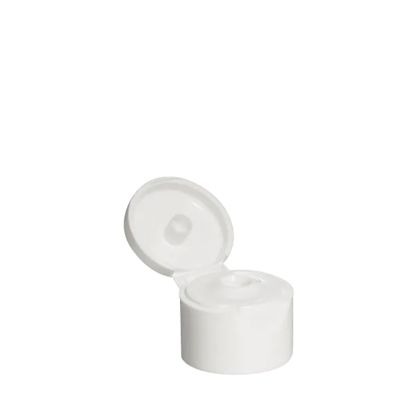 The image shows a MENSHEN PP Flip Top Cap with a 24/410 neck finish. The cap is designed with a smooth, circular shape and a flat top that flips open to reveal a dispensing orifice. The flip-top mechanism allows for easy opening and closing. The cap is primarily white in color, with a clean and minimalist design.