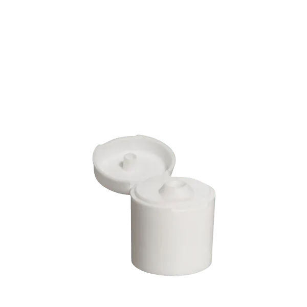 The image shows a Menshen PP Flip Top Cap 24/415. The cap is white and features a hinged flip-top design. The cap has a smooth, rounded exterior with a flat top surface that can be flipped open to reveal a dispensing opening. The base of the cap has threading to allow it to be screwed onto a compatible container. The overall design is simple and functional, suitable for dispensing various liquid products.