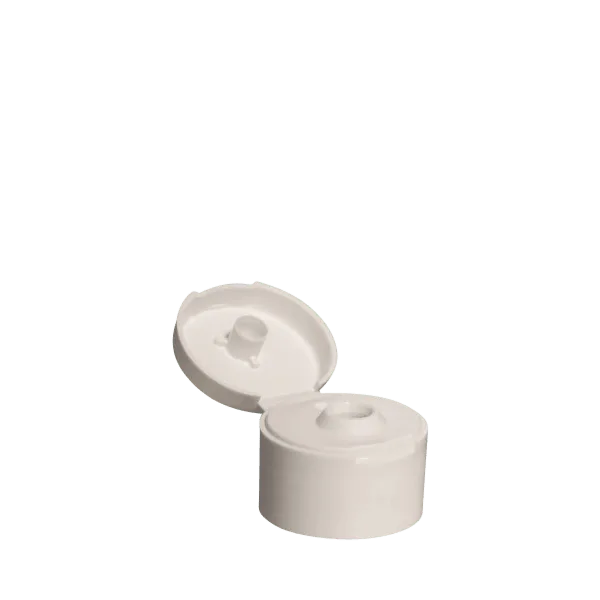 The image shows a Menshen PP Flip Top Cap 28/410. The cap is circular and designed for bottles, featuring a smooth surface with a hinged flip-top lid. The cap is predominantly white, with clean lines and a simple design. The flip-top lid is closed, seamlessly fitting into the base part of the cap.