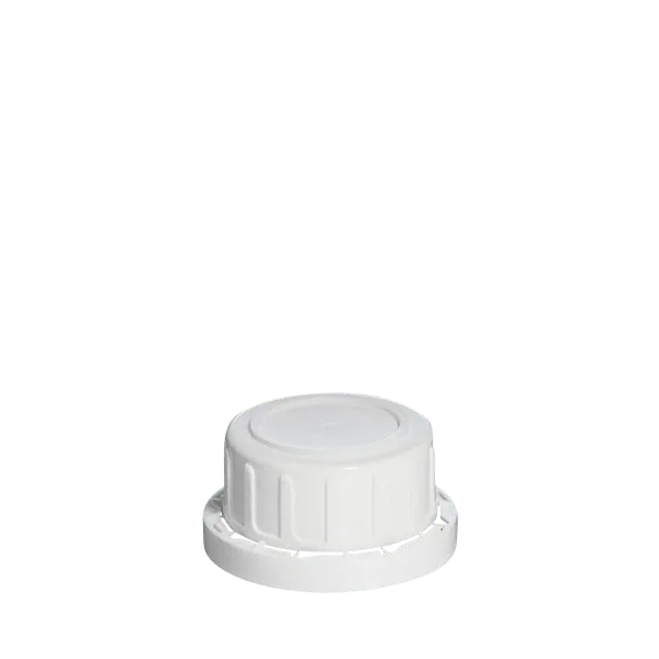 The image shows the Menshen PP Threaded Closure 32 Chemical Closure. It is a white, circular cap designed for chemical containers. The cap features a ridged, textured edge for grip and ease of opening. The top surface of the closure is flat and smooth. The threading inside the cap is visible, indicating it is designed to screw onto the matching container.