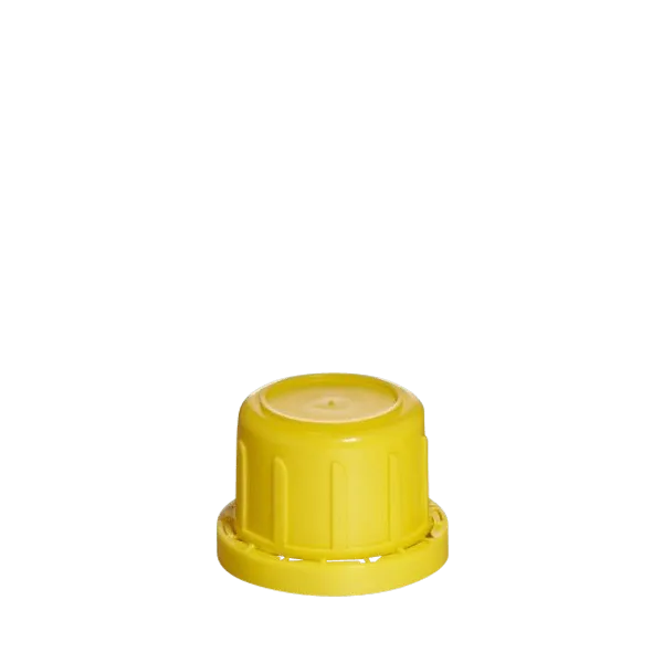 The image shows a Menshen PP Threaded Closure 32 Chemical Closure. The product is a small, cylindrical cap designed for sealing containers, most likely for chemical products. It is predominantly grey with a smooth, textured finish, and features threading on the inner side to ensure a secure fit. The top surface of the cap is flat with a slightly raised circular edge.