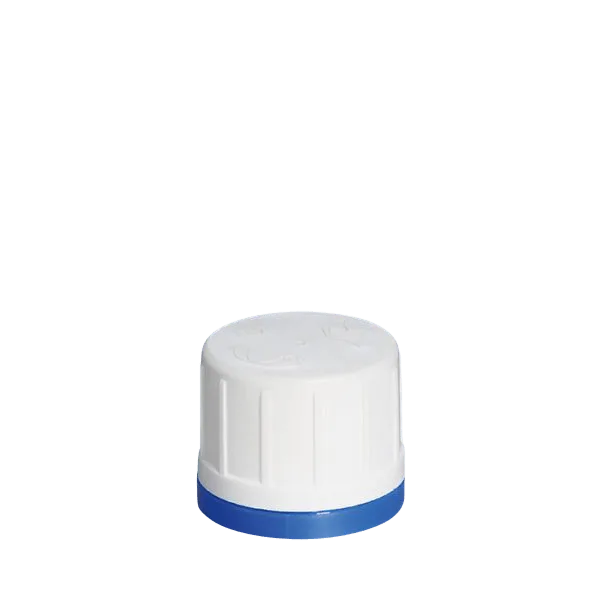 The image shows a MENSHEN PP Threaded Closure 32 Chemical Closure 34501-3. This plastic closure is predominantly white and features a threaded design, which is typical for securing the opening of containers. The cap has a smooth, slightly rounded top surface with a small, circular indentation in the center. The threading is visible along the inner edge, designed to screw onto a corresponding container neck. The overall design appears robust and functional, suitable for securely sealing chemical products.