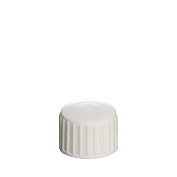 The image shows a Menshen PE Threaded Closure 13 Screw Closure. The product is a small, white, cylindrical screw cap designed for sealing containers. The cap has a ridged outer surface for better grip and appears to be made of plastic. The top of the closure is flat and smooth, and the threading on the inside is visible, indicating it is meant to be screwed onto a corresponding container.