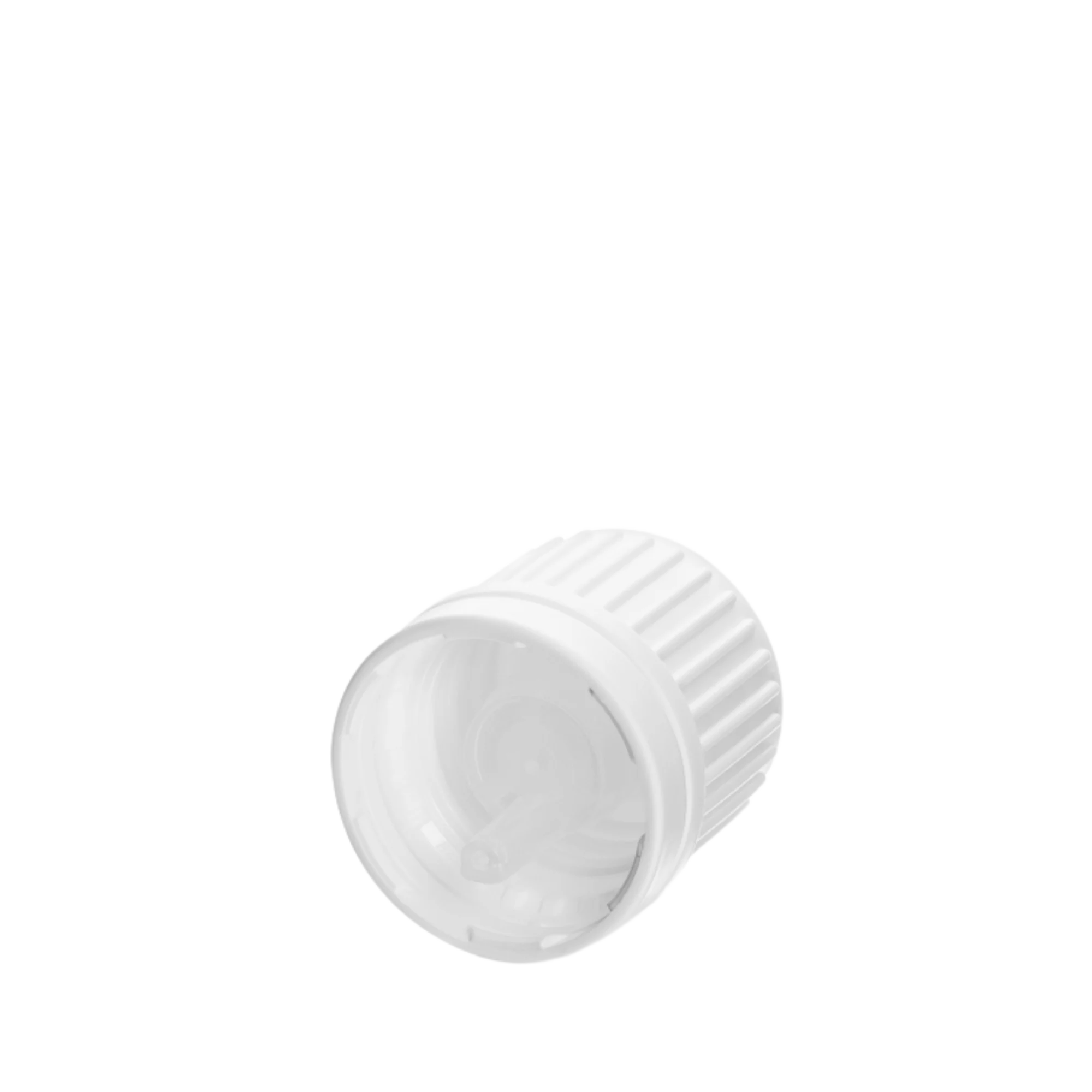 The image shows the Calaso PP Dropper DIN18, a small, clear plastic dropper bottle. The dropper has a white, ribbed screw cap with a pointed tip that is designed for precise dispensing of liquids. The bottle itself is cylindrical and transparent, allowing the contents to be visible. The overall design is simple and functional, suitable for dispensing small amounts of liquid in various applications.