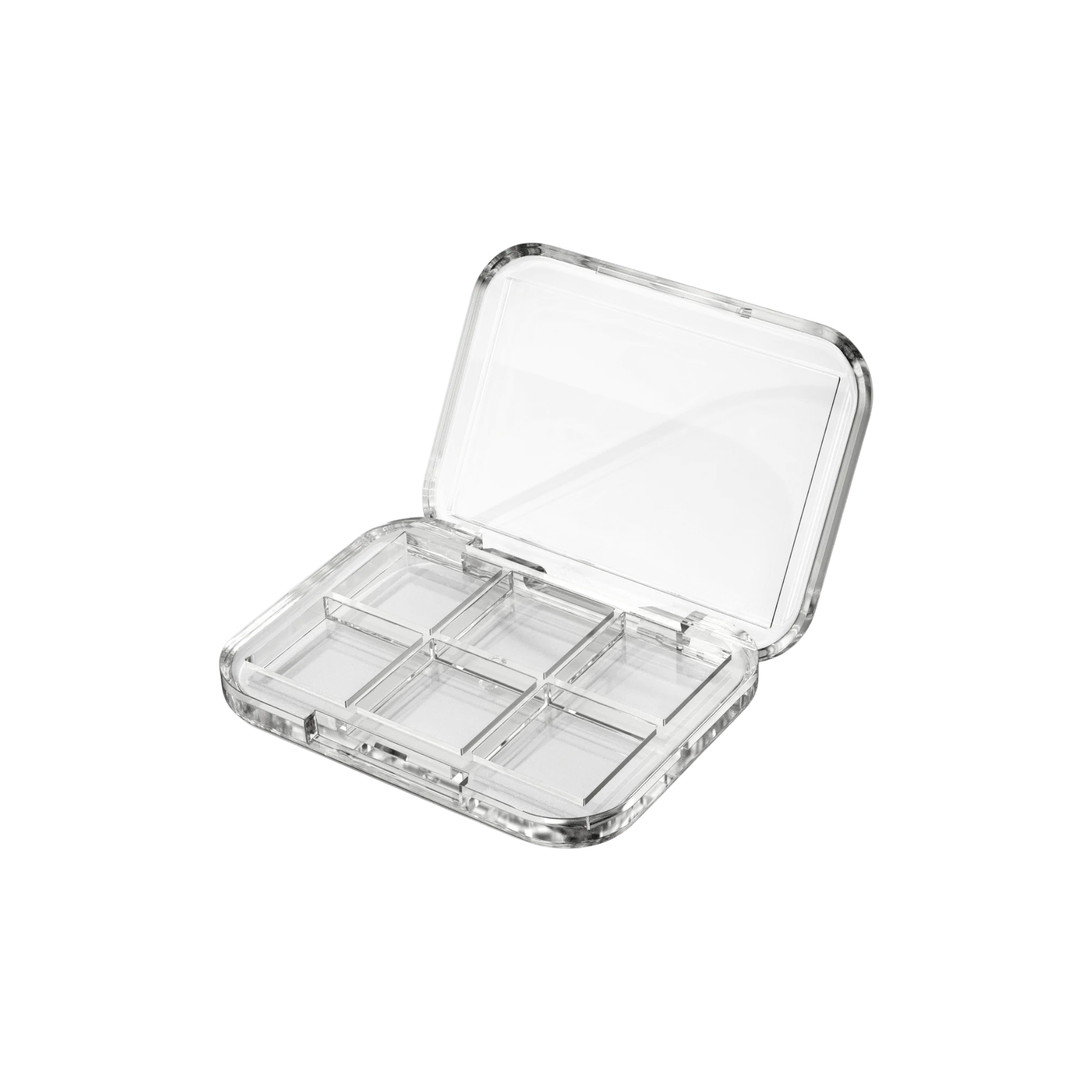 Rectangular Clear Acrylic Eyeshadow Palette with 6 Wells, Landscape Orientation with Long-Edge Hinge