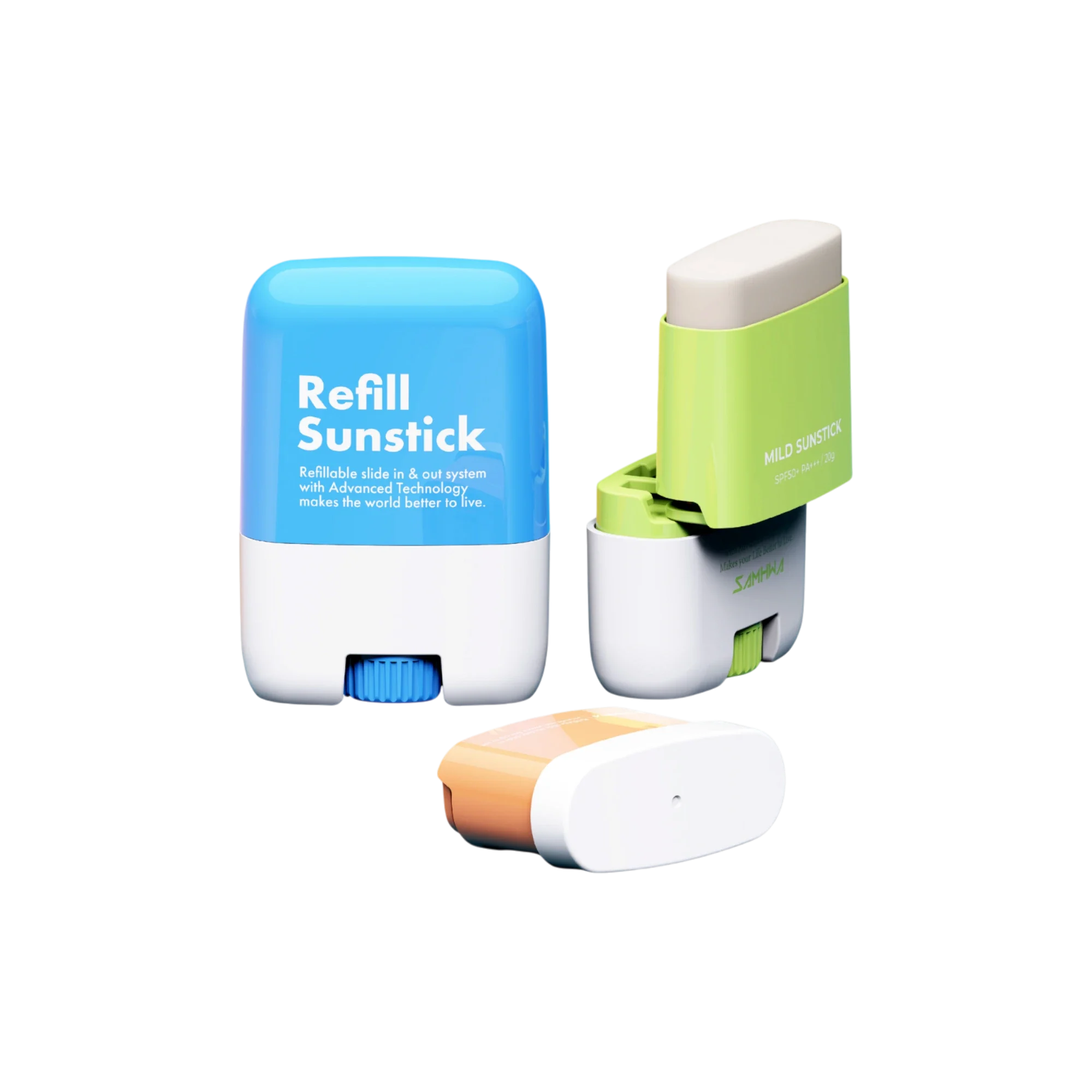 0.7oz/20ml Refillable PP Oval Sunscreen Stick with Slide-In Replaceable Refill Cartridge System for Sunscreen & Skincare