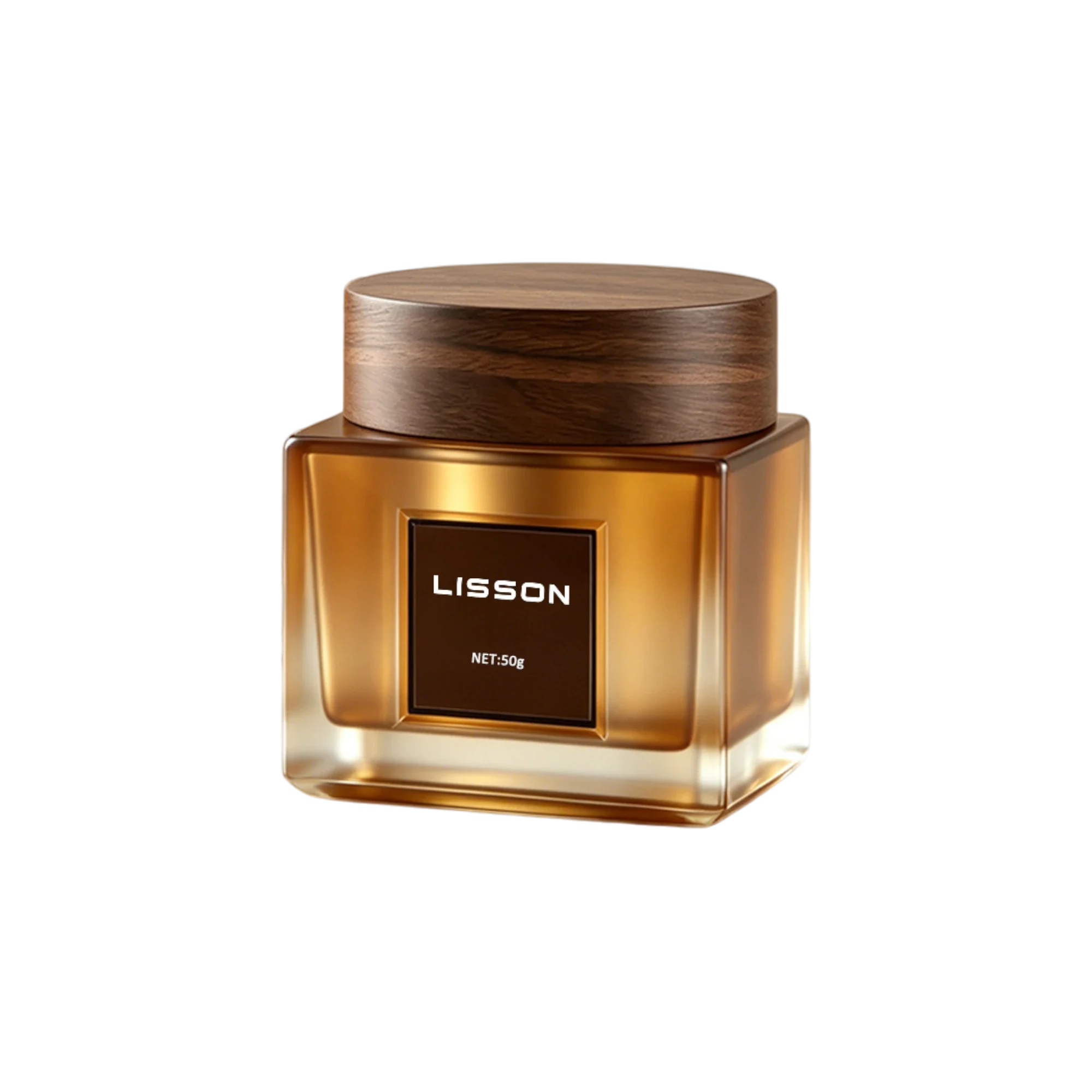 LISSON Packaging 1.7oz / 50ml Square Glass Cosmetic Jar with Wood-Grain ABS Cap
