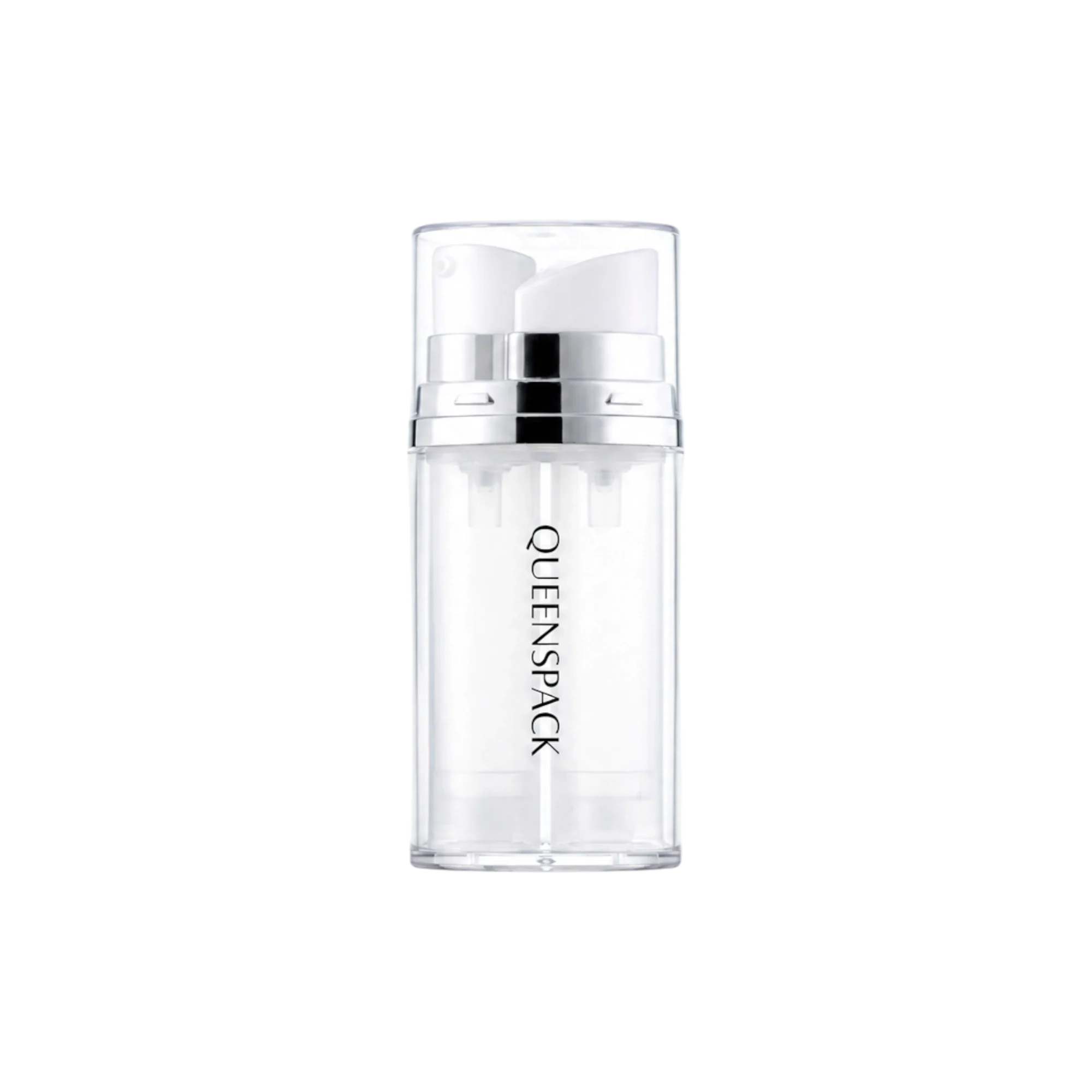 Queens Packaging Co., ltd. 2x15ml / 0.51oz AS Oval Dual-Chamber Airless Pump Bottle with Clear AS Overcap & Opposing Independent PP Pumps, 1:1 Ratio, 0.22cc Dosage
