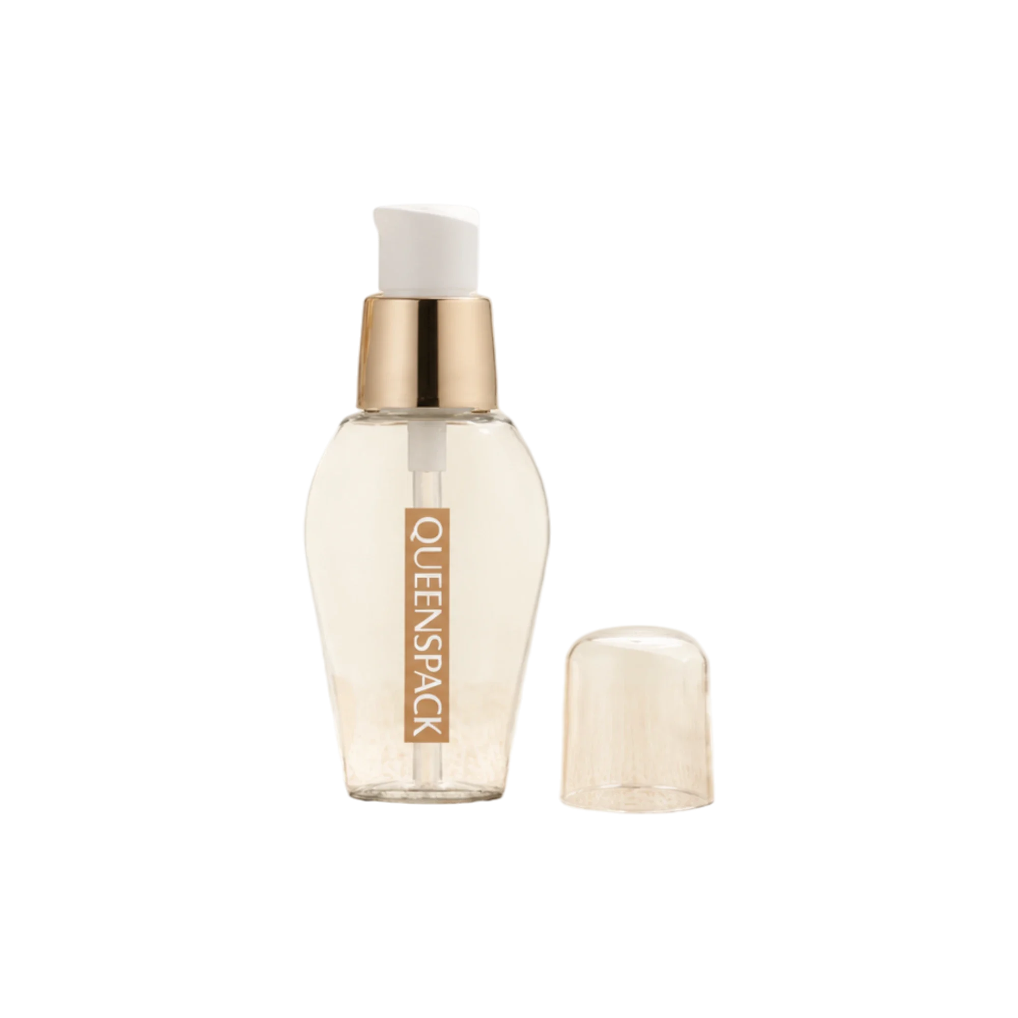 Queens Packaging Co., ltd. 1.4oz / 40ml Clear PET Inverse Teardrop Pump Bottle with Clear Overcap & Aluminum Pump Collar