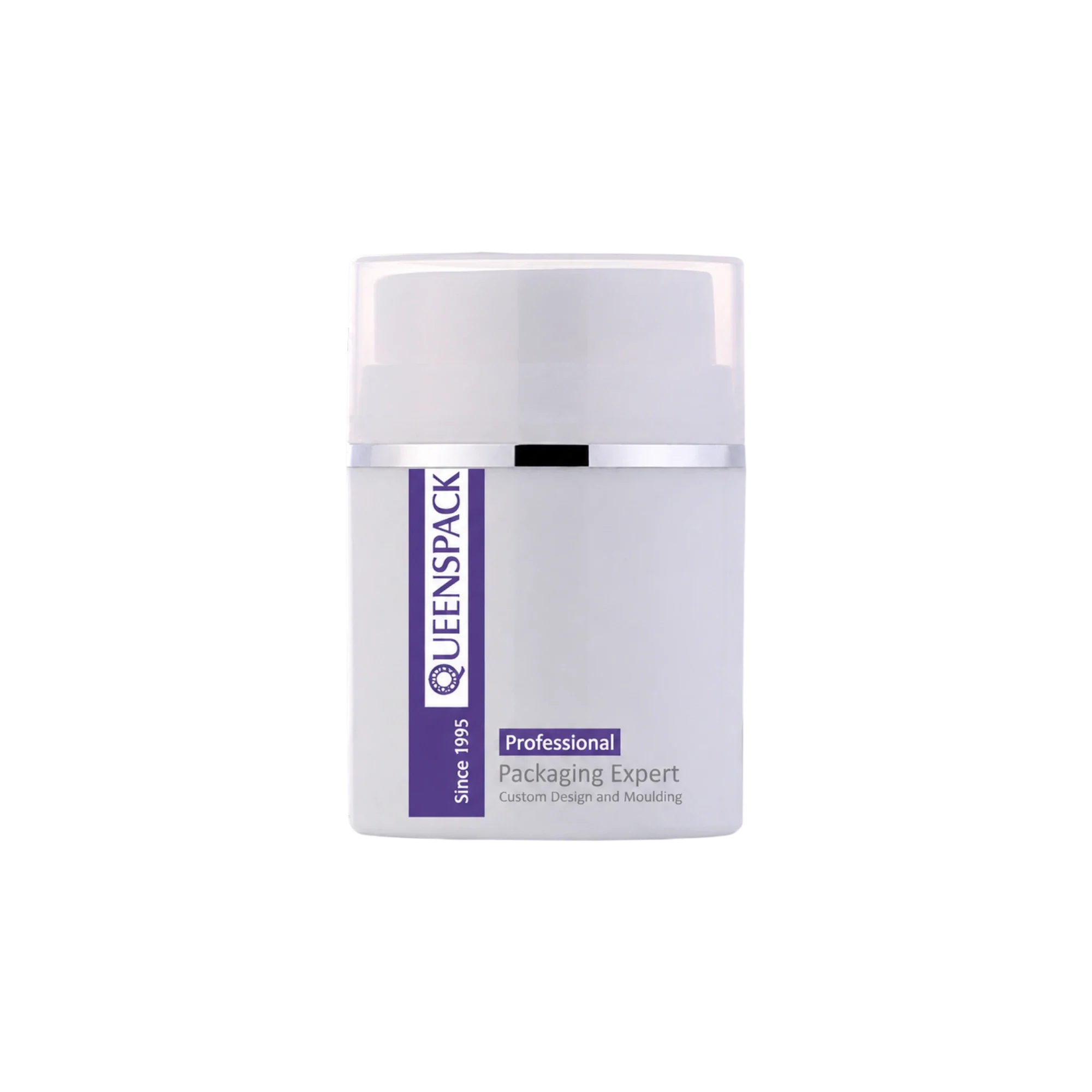Queens Packaging Co., ltd. 1oz / 30ml PP Straight Sided Airless Jar with Clear Overcap, Metallic Accent Band & PP Disc Pump