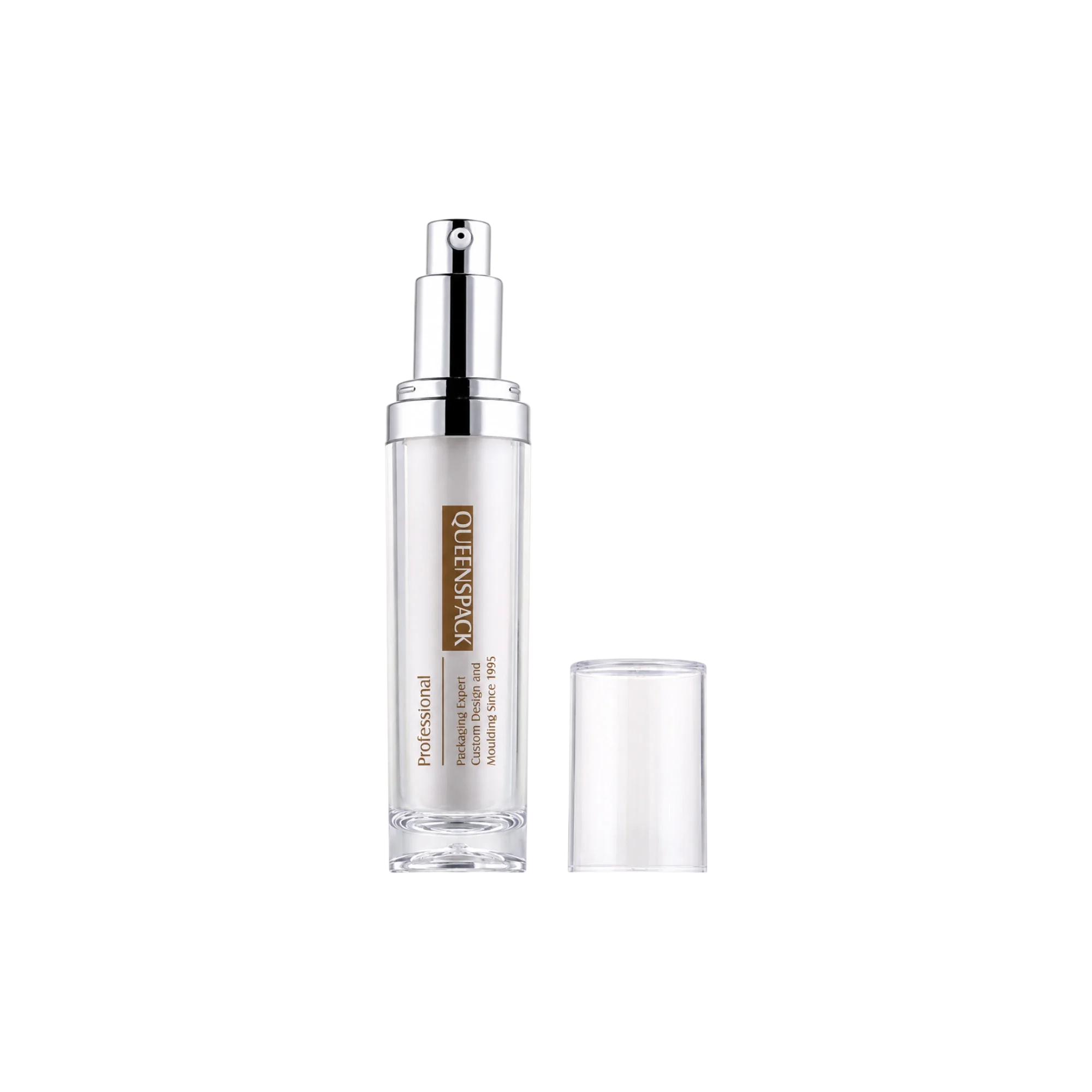 Queens Packaging Co., ltd.  0.51oz / 15ml Acrylic Double-Wall Slim Cylinder Serum Pump Bottle with Clear Overcap, Aluminum Shoulder & Aluminum Pump